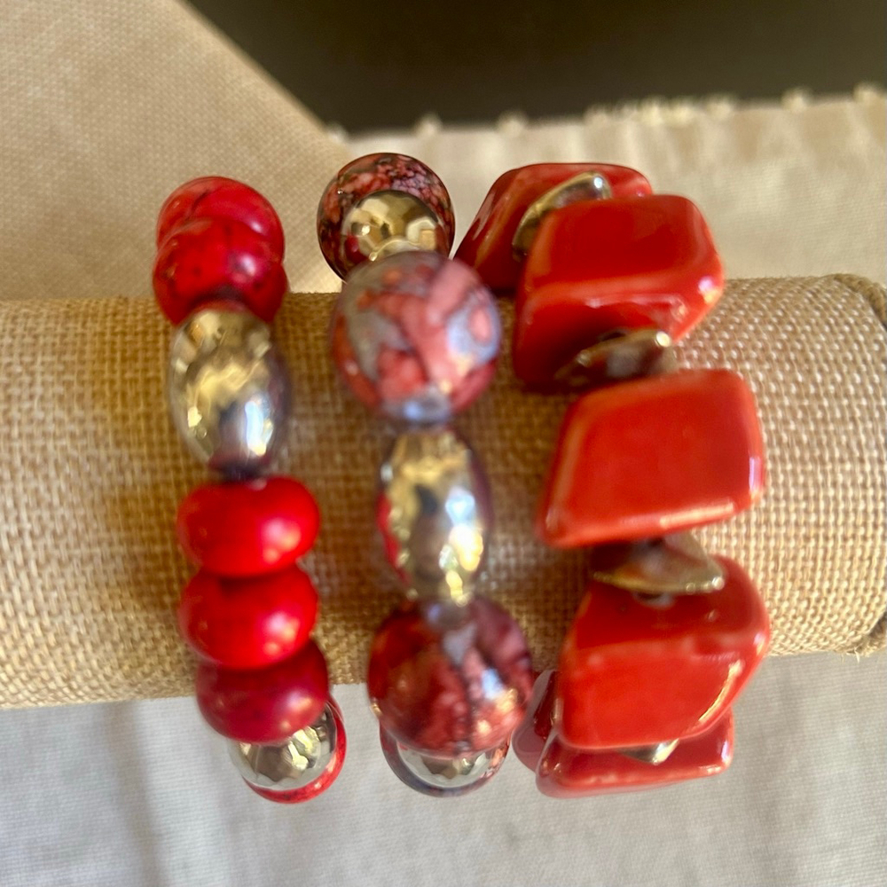 Set of 3 Handcrafted Red Coral & Silver Artisan Bracelets Boho - Picture 5 of 5